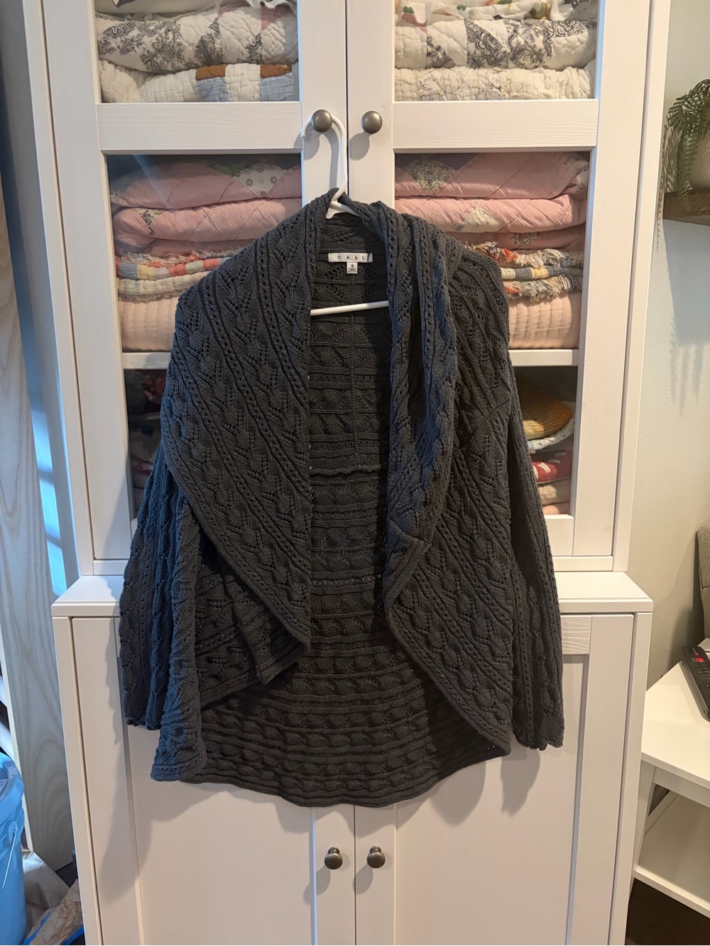 CAbi Charcoal Cable Shawl-Collar Cardigan